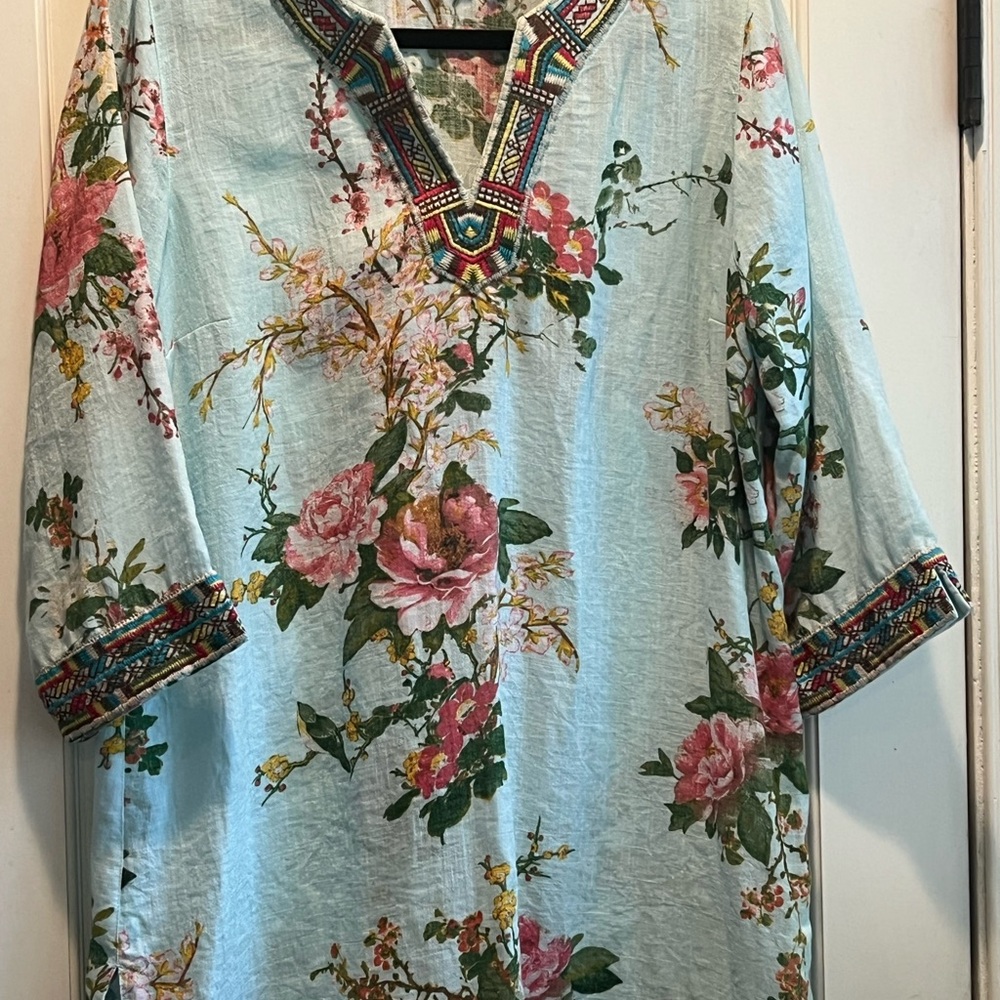 Soft Surroundings Powder Blue Floral Embroidered Tunic